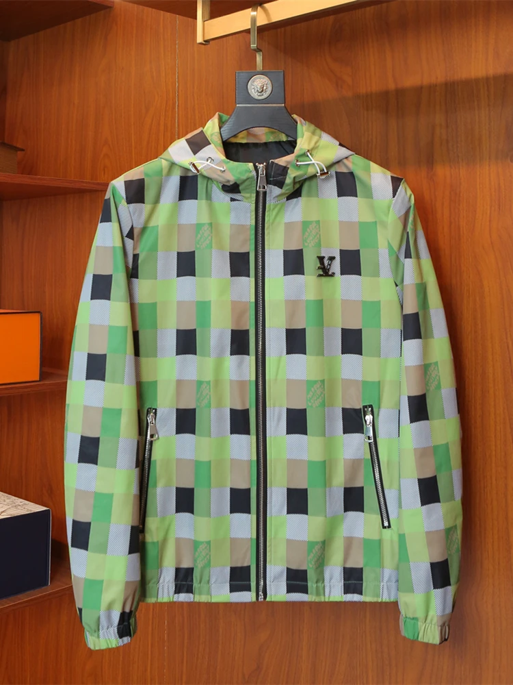 

Slim Fit Plaid Print Spring Autumn Jaet Men's Faion Casual Hooded Breathable Polyester Outerwear Versatile Lightweight Coat