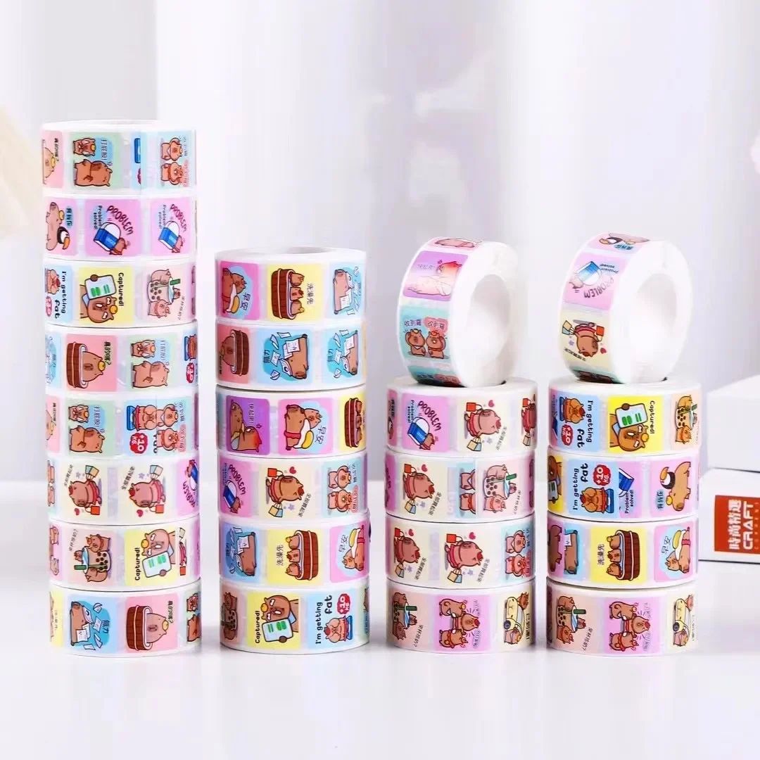 New 1Roll Capybara Sticker for Kids Reward Sticker Cartoon Labels Valentine's Day Happy Smile Face Sticker Label birthday gift