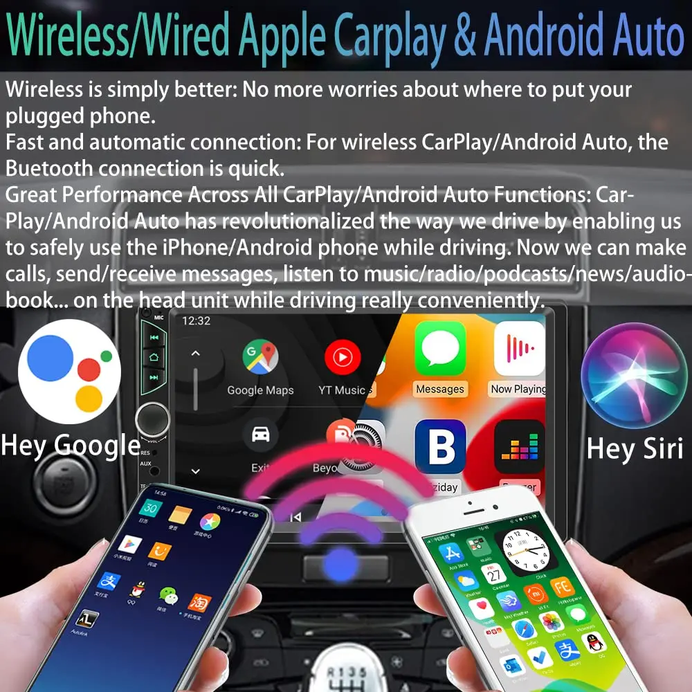 Autoradio doppio Din con Apple Carplay wireless, Android Auto wireless, autoradio touch screen HD da 7 pollici con Bluetooth