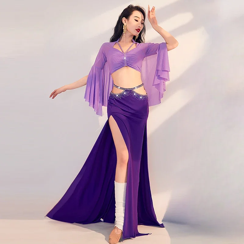 

New Belly Dance Suit AB Stones Long Sleeve Top+Sexy Long Skirt 2pcs Adult Female Belly Dancing Professional Practice Clothes