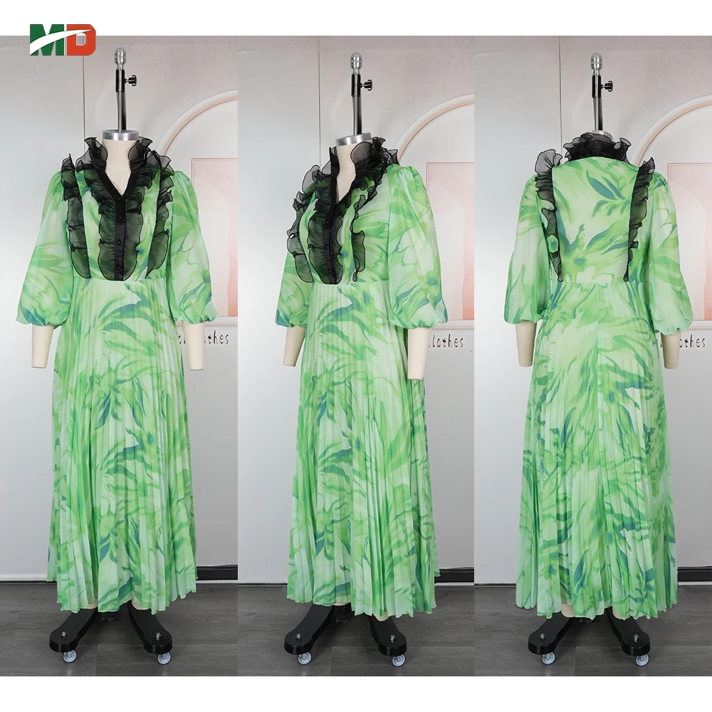 Gaun Maxi Motif Bunga Afrika Baru dengan Kerah Berlipit Hitam, Lengan Mengembang, Desain Rok Lipit untuk Pesta Taman dan Pemakaian Sehari-hari