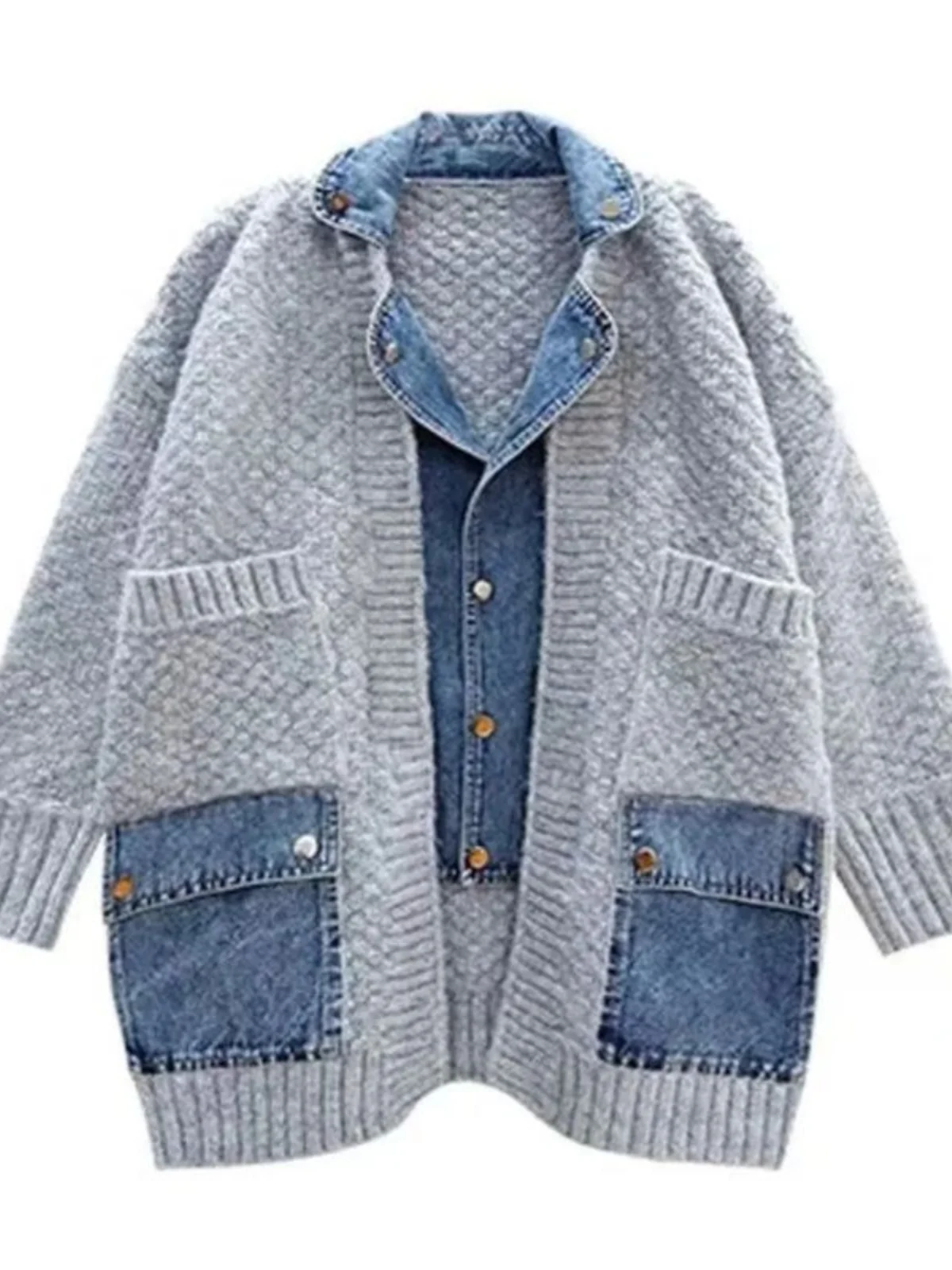 فضفاض الدنيم Jaet طوق المرقعة عادية الوقوف طوق الربط الجينز سترة مفتوحة طويلة Sve منتصف طول الشارع Sle