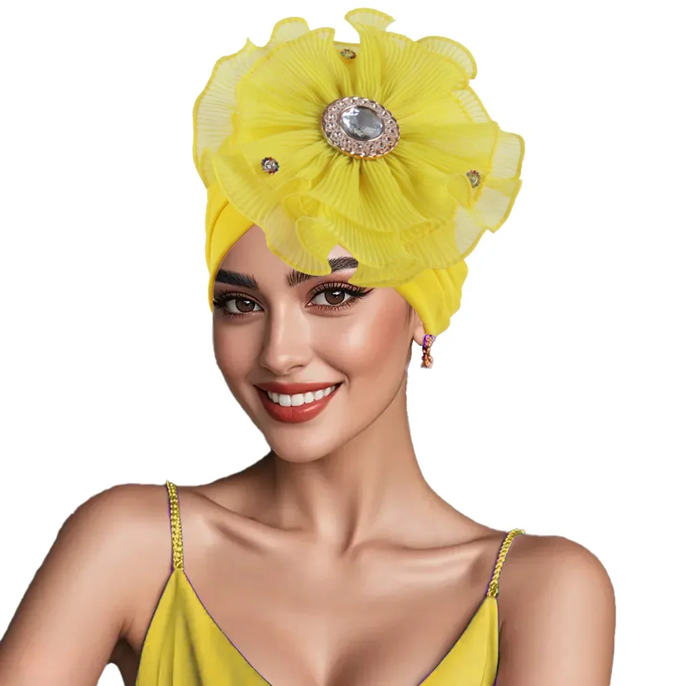 

Новый цветок тюрбан, женский африканский головной убор, шляпа с бриллиантами, Нигерия, свадебная вечеринка, головной убор, мусульманский платок, капот, хиджаб Geles