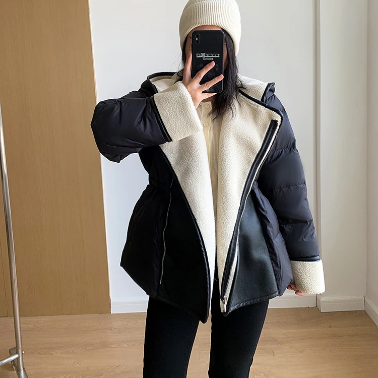 Schinteon Women Lambswool White Duck Down Jacket with Hood Autumn Winter Warm Outwear Casual Patchwork Coat European Style