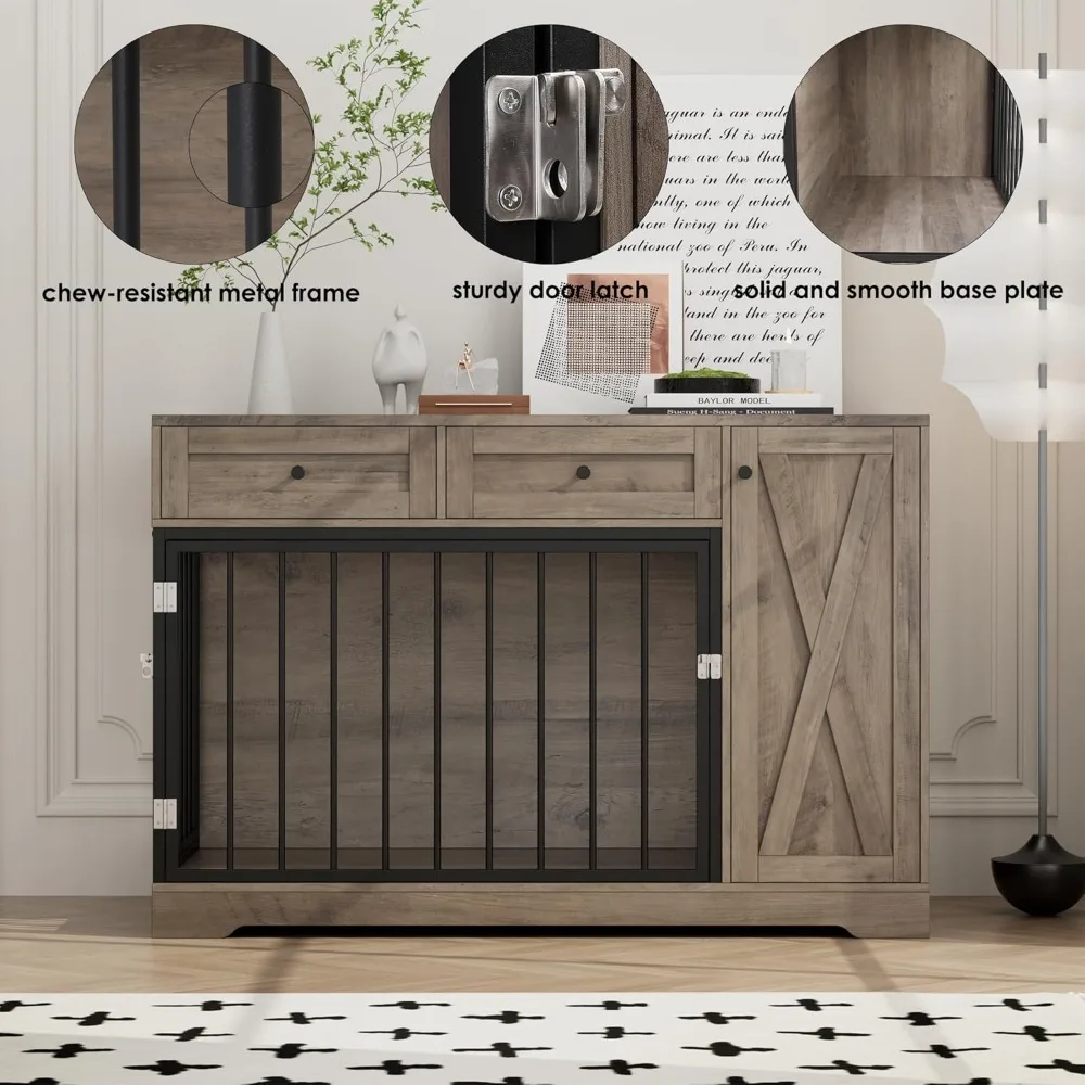 بيت أثاث صندوق الكلاب مع أبواب مزدوجة بيت الحيوانات الأليفة الخشبي مع درجين وخزانة تخزين، مزرعة قفص الكلاب الداخلية #5