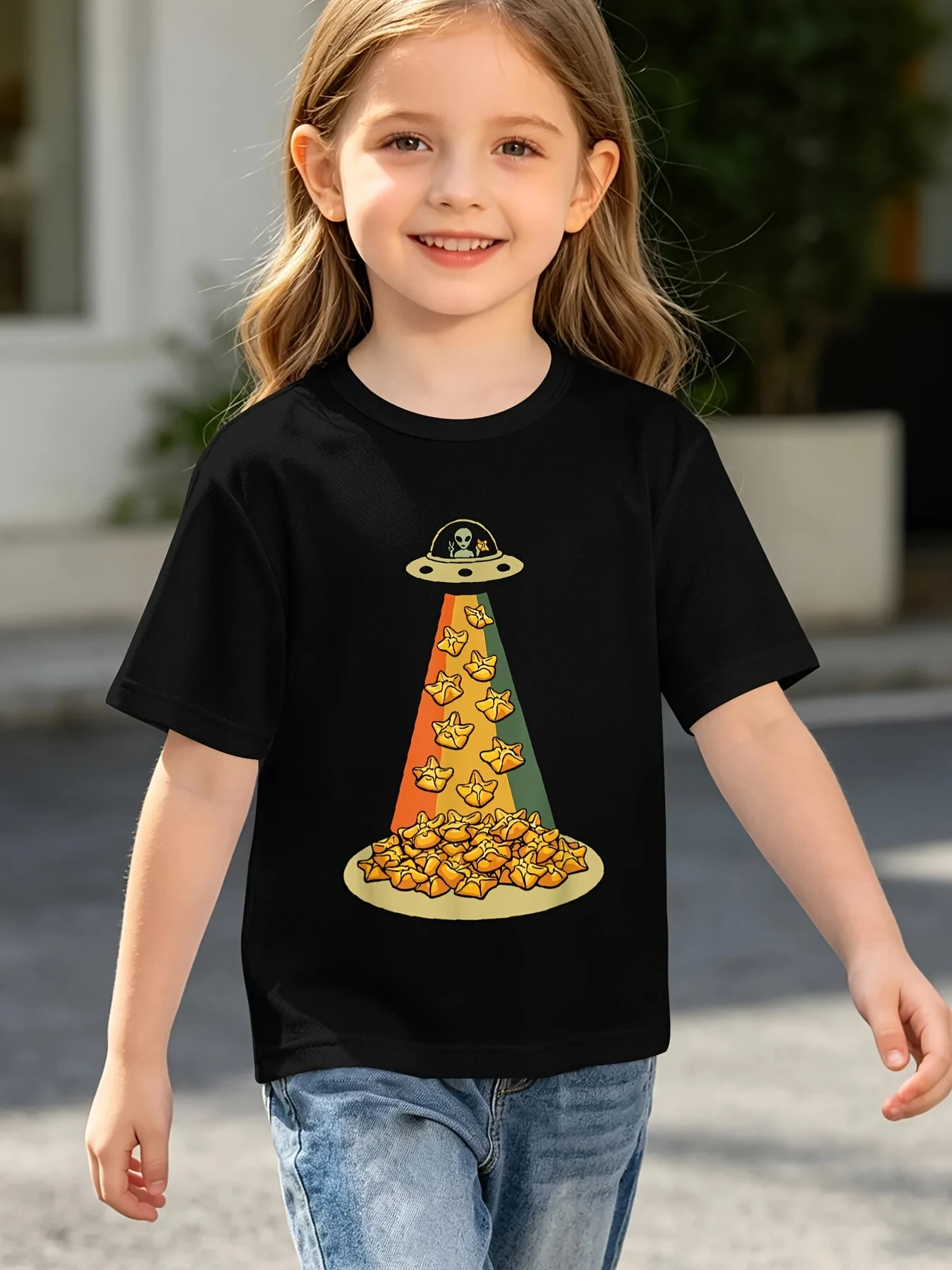 Cartoon UFO Alien Grab Star French Fries Graphic Print T Shirt Family Matching Boys Girls Kids Short Sleeve Daily Tees