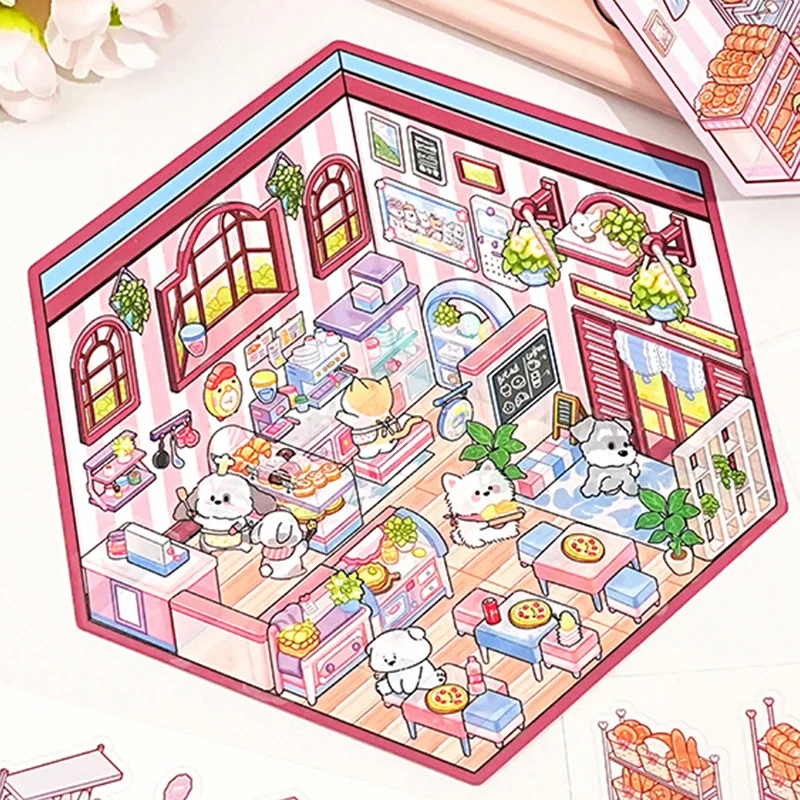 สติกเกอร์สามมิติซ้อนภาพการ์ตูนร้านอาหารเบเกอรี่ฉาก3D บ้านขนาดเล็ก1ชุด
