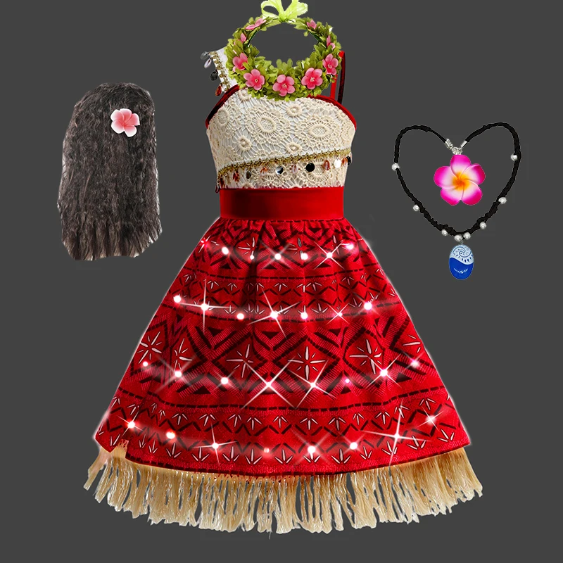 Girls Polynesian Tropical Cosplay Dress with LED Light Lace Kids Princess Outfit for Birthday Theme Party Costume