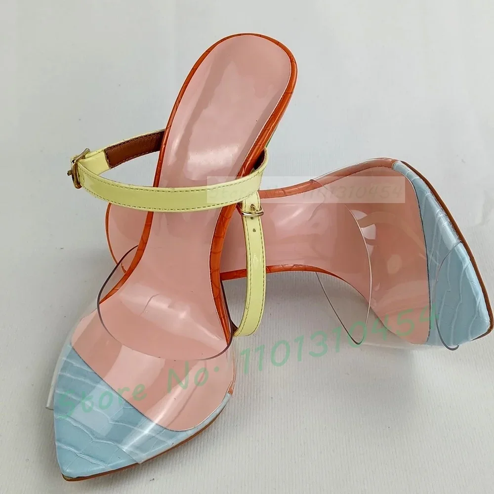 

Color Block Eleagnt Slippers Women Summer Stiletto High Heels Ankle Strap PVC Shoes Peep Toe Sexy Vacation Casual New Slippers