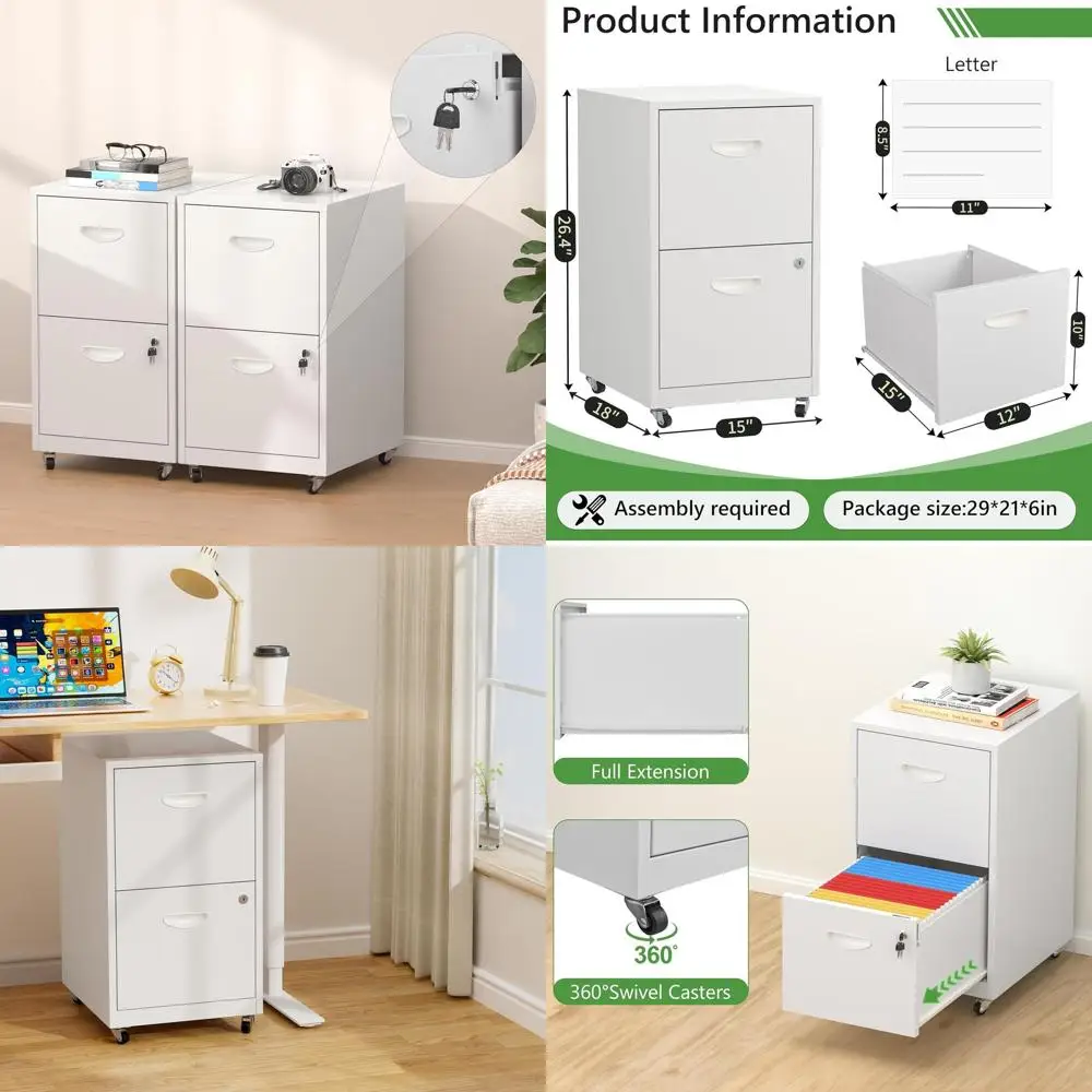 

Mobile Lockable 2-Drawer File Cabinet for Home Office, Black, Letter/A4 Size, Assembly Needed
