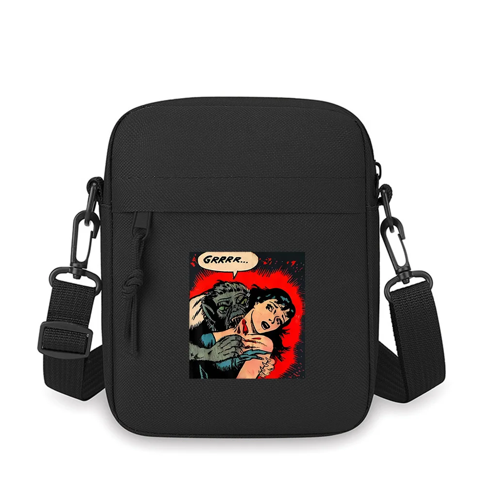 

Creature bites victim,'Grrrr' speech. Men Crossbody Bag Single Shoulder Women Cartoon Anime Film Printing Design Unisex