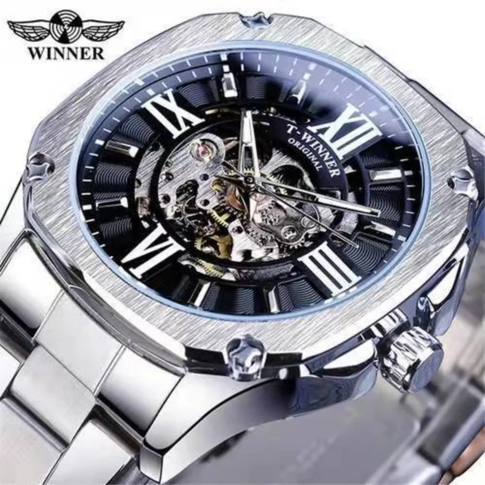 New High-End Luxury Men's Watch, Fashionable Square Automatic Mechanical Watch, Luminous Hands, Silver Stainless Steel Strap, High-End Brand Business Casual Men's Watch, Perfect Gift