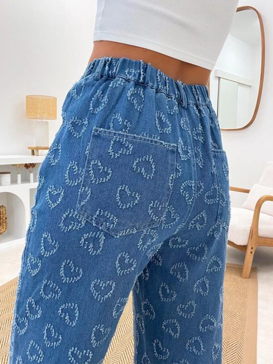 Pantalon en Denim à Motif de Cœur pour Femme, Jean Taille Haute, Décontracté, Bleu, Slim, Jambe Droite, avec Poches, 2025