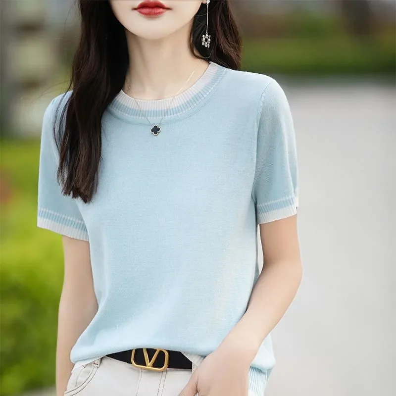Women Contrast Trim Round Neck Ice Silk Knit Short Sleeve Slim Casual Basic Tee