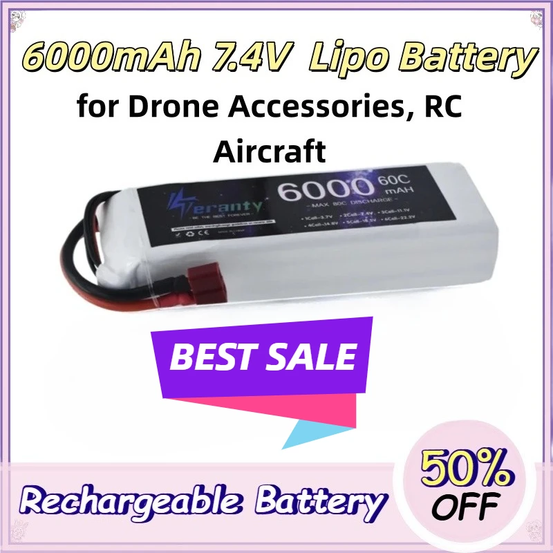

7.4V 2s Lipo Battery 6000mah 60C For Drone RC Car Helicopter Quadcopter Tank Boat Truggy 2S Battery With XT60 XT90 T