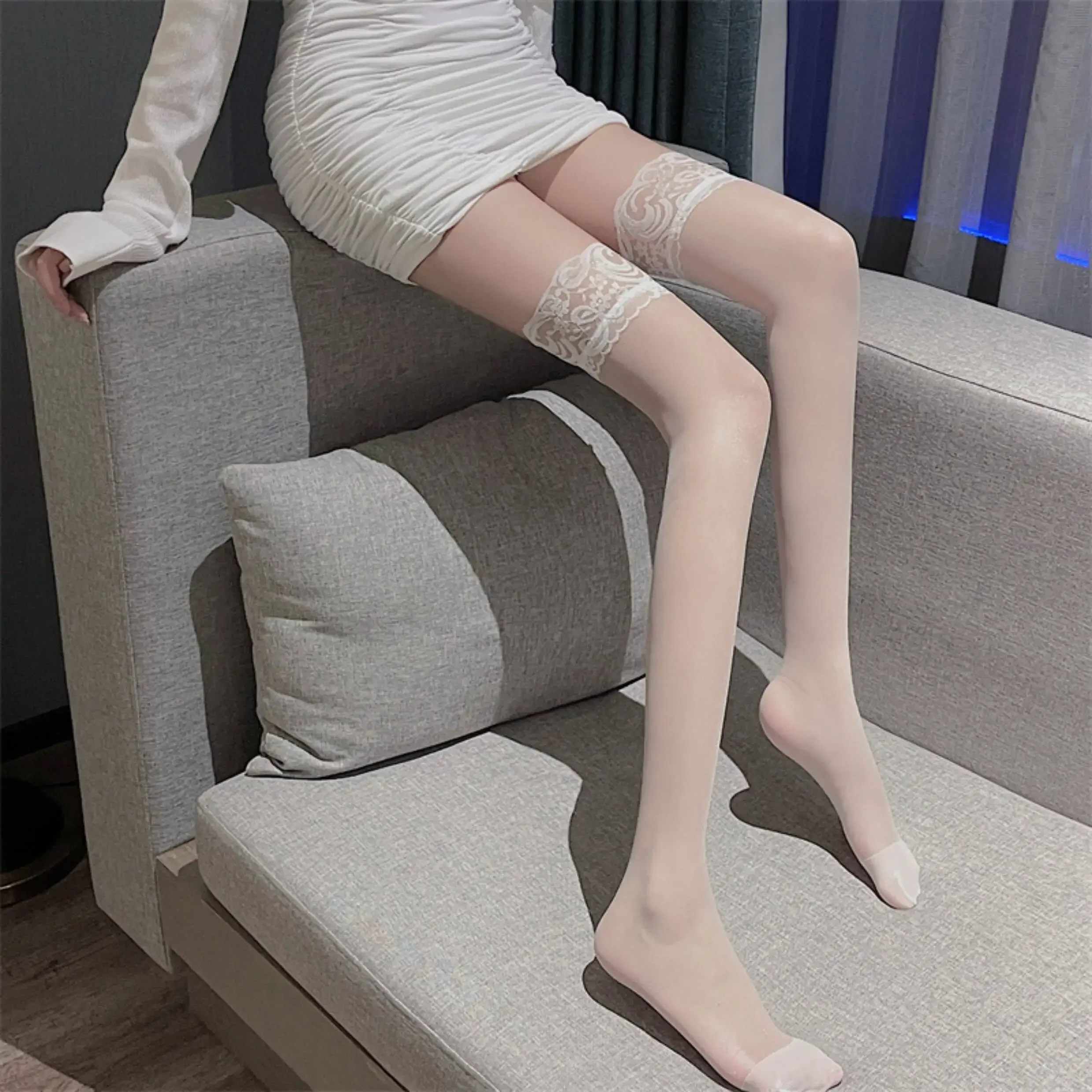 1/4 Paar Oberschenkelhohe Strümpfe mit Spitzenbesatz, glatte Overknee-Socken, Damenstrümpfe und Strumpfwaren für Damen – Detail 21