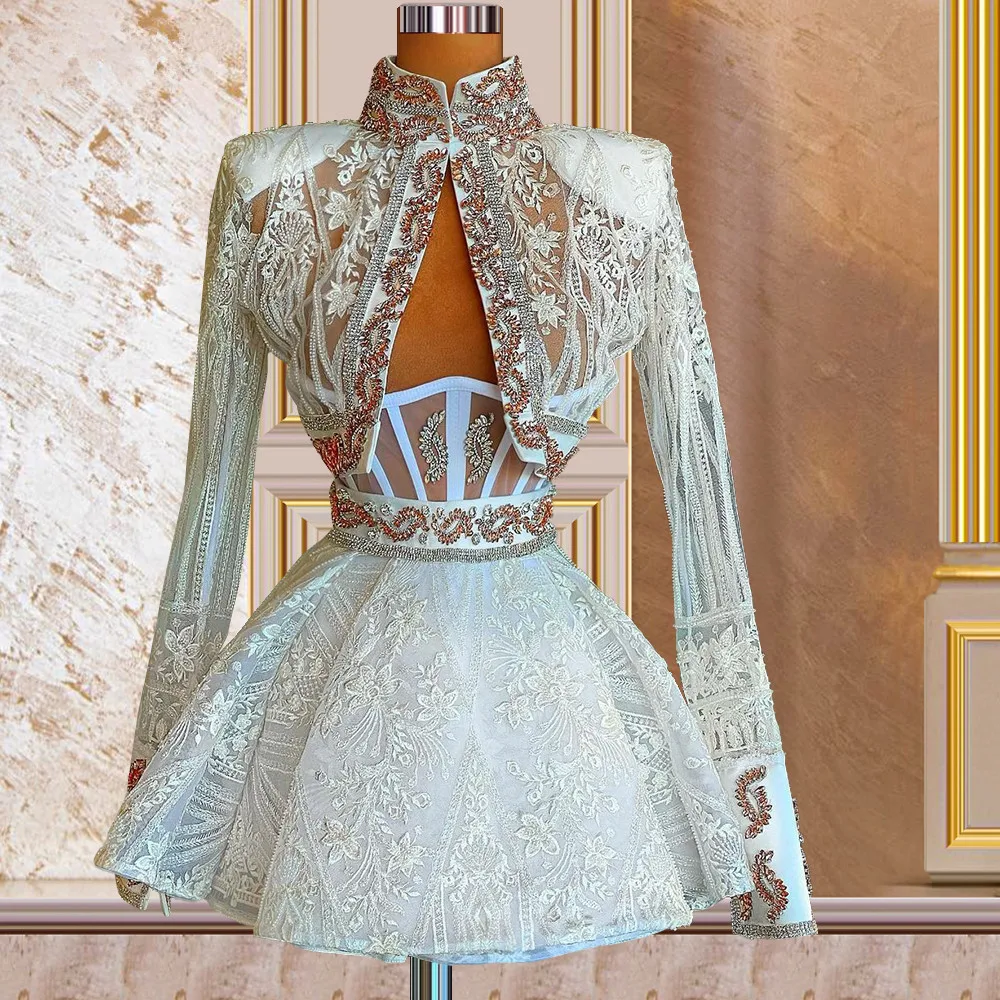 

Elegant Cocktail Dresses A-line Long Sleeves Short Mini Tulle Appliques Beaded Homecoming Dresses Haute Couture Customized