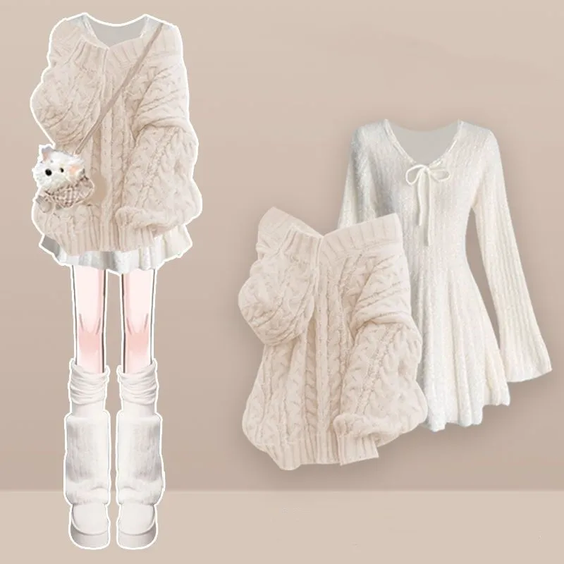

Women's 2025 Winter New Fashion Knitted Sweater Midi Skirt Matching Set Korean Elegant Pullover+Long-sleeve Dress Two Piece Suit
