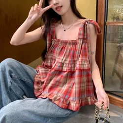 여성용 빨간 격자 무늬 캐미솔, 빈티지 러플, 귀여운 소녀 크롭 탑, 휴일 멋진 스트리트웨어, 대학 세련된 공주 민소매