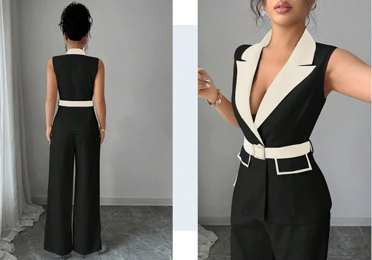 

Autumn Sleeveless Blazer Suit Women's Color Block Lapel Belted Vest and Loose Fit Wide Leg Pants Formal Office Outfit ﻿