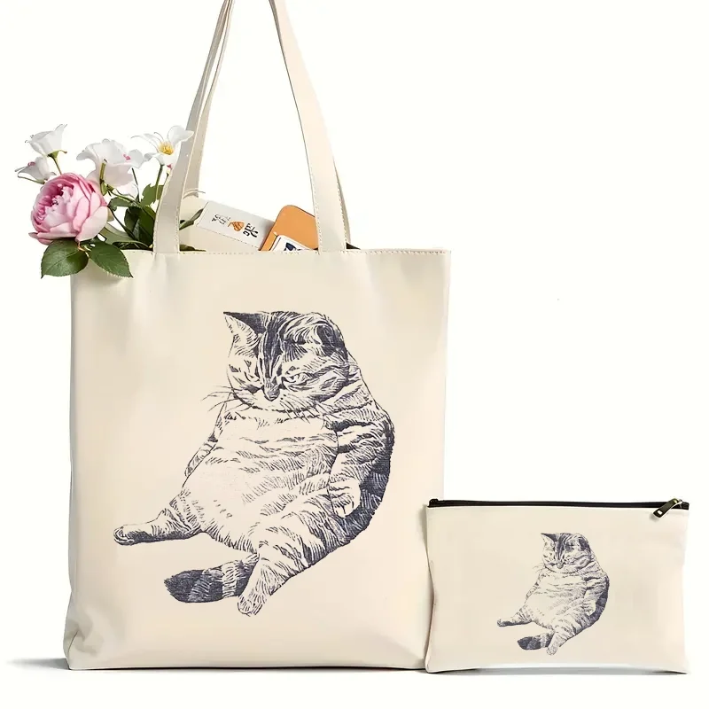 2Pcs Cute Cat Kitty Pattern Tote Bag Lightweight Canvas Shoulder Bag for Travel Daily Commute Women\'s Reusable Shopping Bag