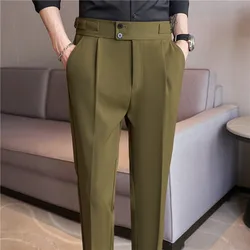 British Style Summer New High Waist Casual Pant Men With Elastic Waistline Design Suit Pants Social Wedding Party Formal Pants