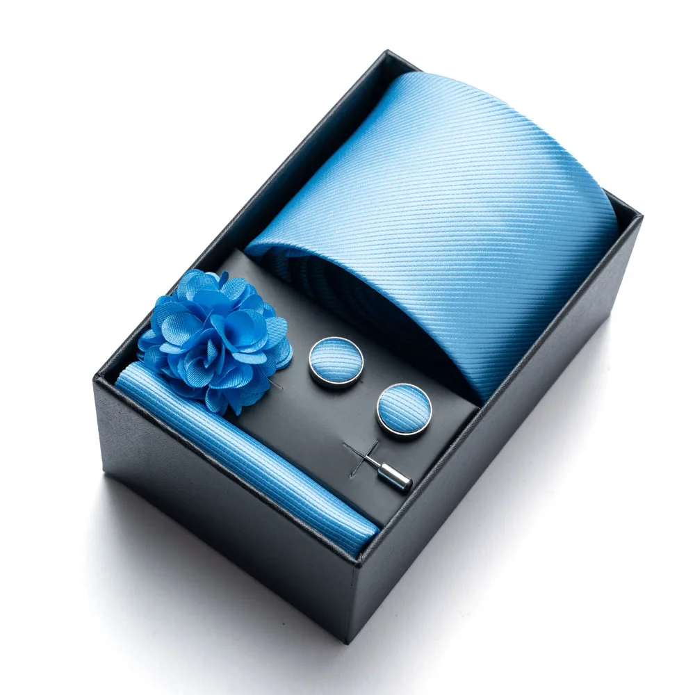 4-teiliges Set – einfarbige Herrenkrawatte, Einstecktuch, Manschettenknöpfe und Ansteckblume, hochwertige Geschenkbox, stilvoll und praktisch, El – Detail 6