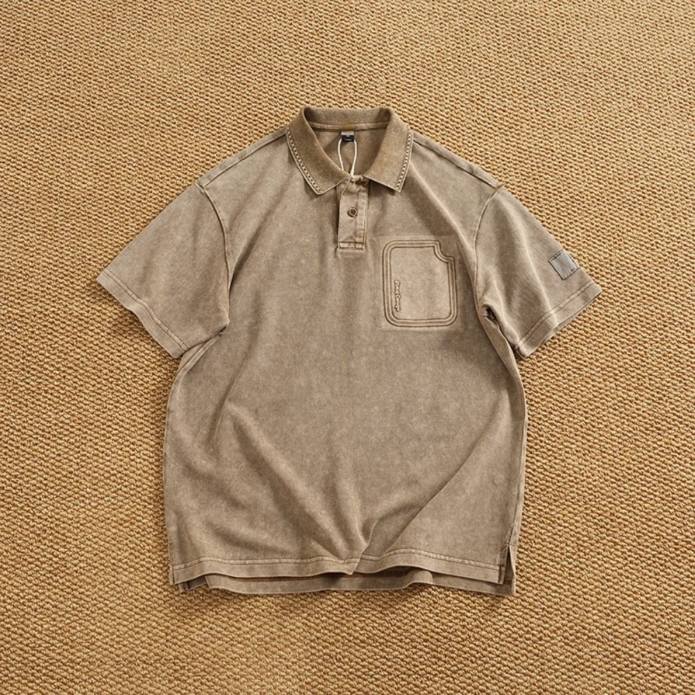 New summer high-end retro washing lapel POLO shirt men's trendy loose rotator sleeve mesh short-sleeved T-shirt