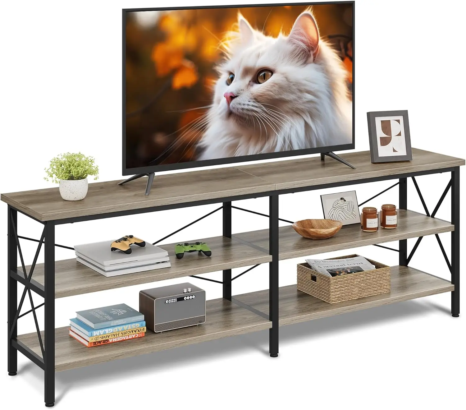 

up to 70 Inch TV, 63" Entertainment Center, TV Media Console with 3-Tier Storage Shelves for Living Room and Bedroom, Greige