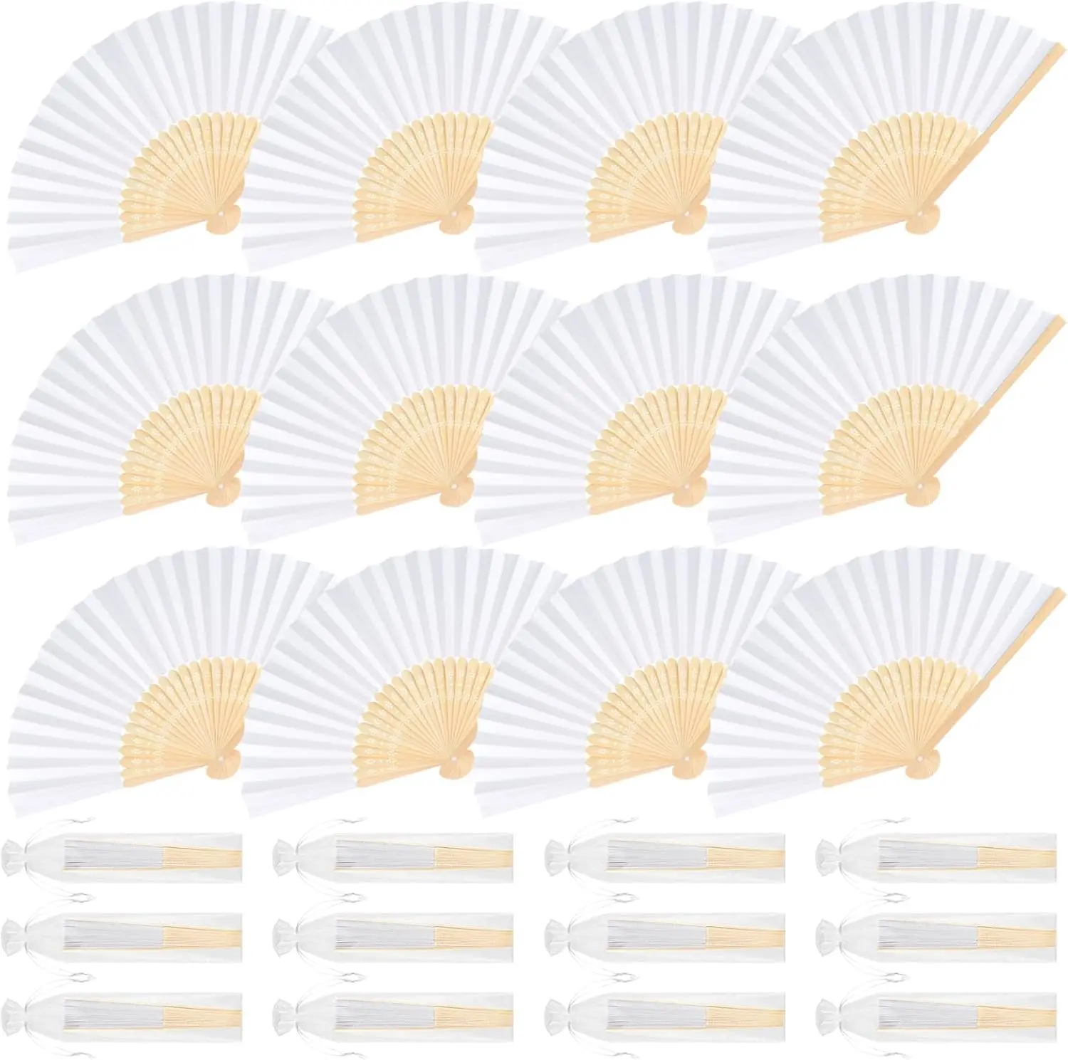 

12 White Bamboo Folding Fans for Women, Handheld Paper Fans for Wedding Decoration & Summer Parties
