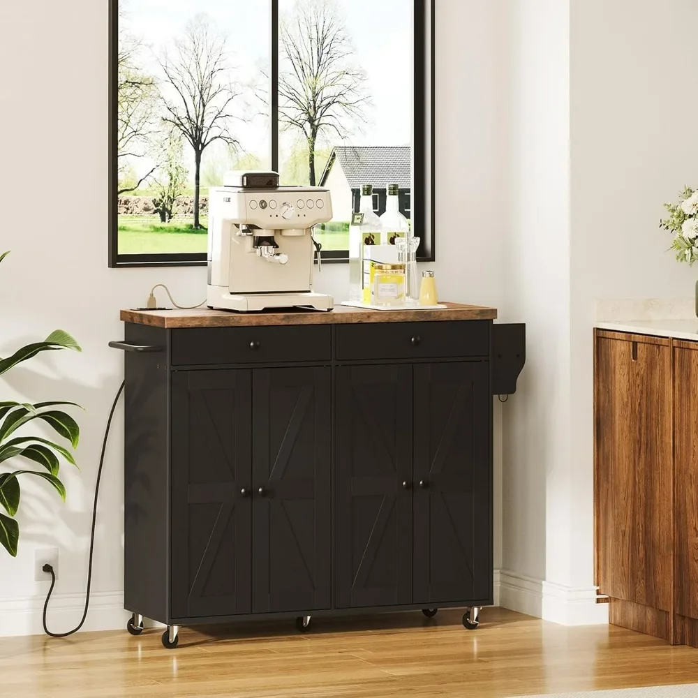 Kitchen Island with Charging Station, Rolling Kitchen Island with Storage, Kitchen Island Cart with Spice Rack and Hooks