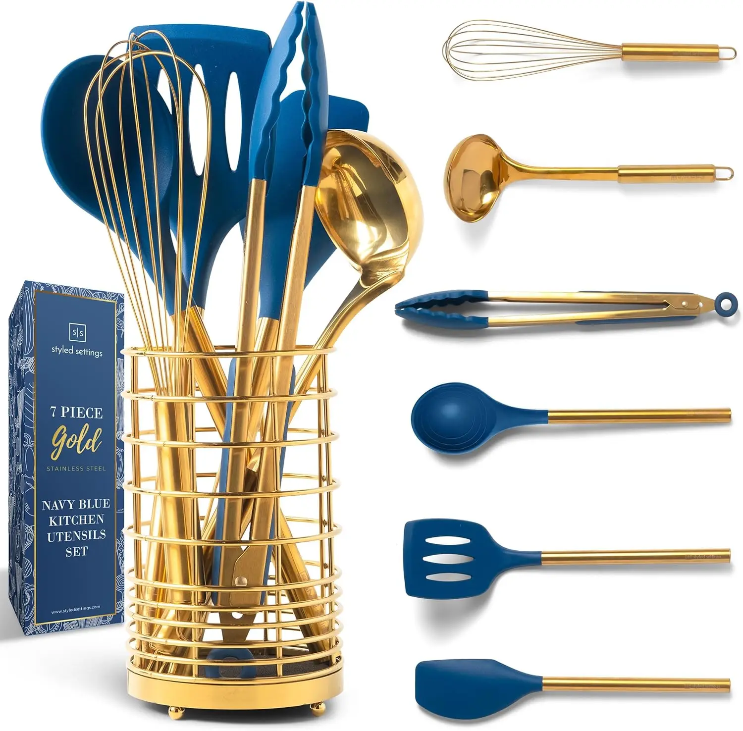 

7-Piece Gold Navy Blue Silicone Kitchen Utensils Set with Holder, Nonstick Safe Cooking Tools Gift