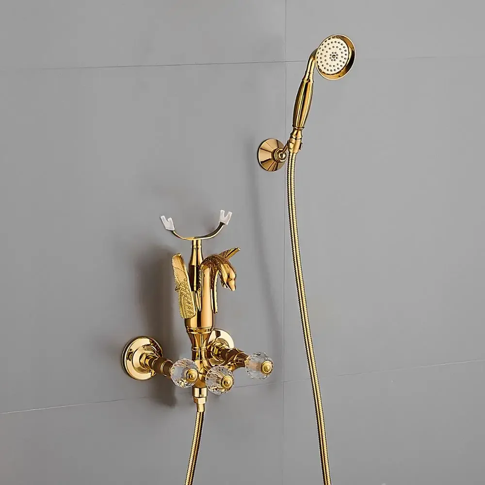 Bathtub and Shower Faucet Set Wall Mounted Gold Swan Bathtub Faucet, Bathroom Cold and Hot Bath and Shower Mixer Tap Brass