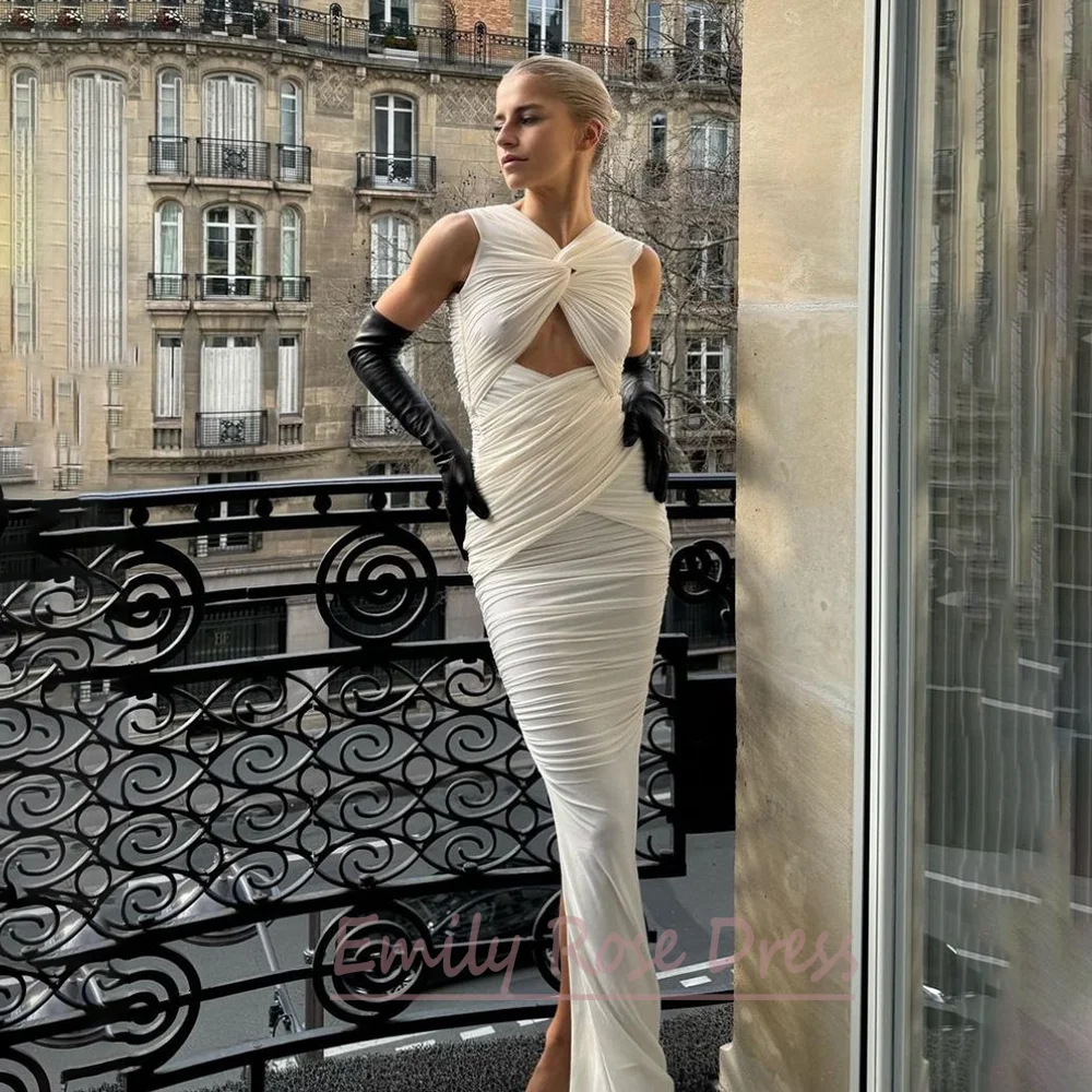 Elegant White V Neck Sleeveless Evening Dresses Floor Length Wedding Guest Party Dress for Women Cut Out Vestidos De Festa