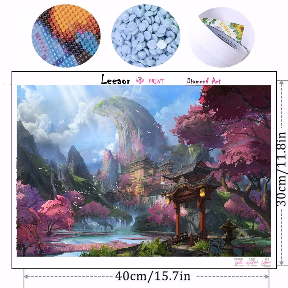 Japanese Temple 5d Diamond Painting Fantasy Landscape Mosaic Picture Cherry Blossom Mt. Fuji Diy Embroidery Home Decoration