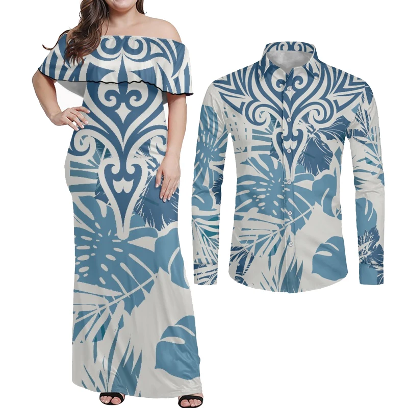 HYCOOL Women Dress Matching Man Polynesian Tribal Hawaii Floral Tattoo Print Couples Lovers Shirt Robe Casual Clothing 2023