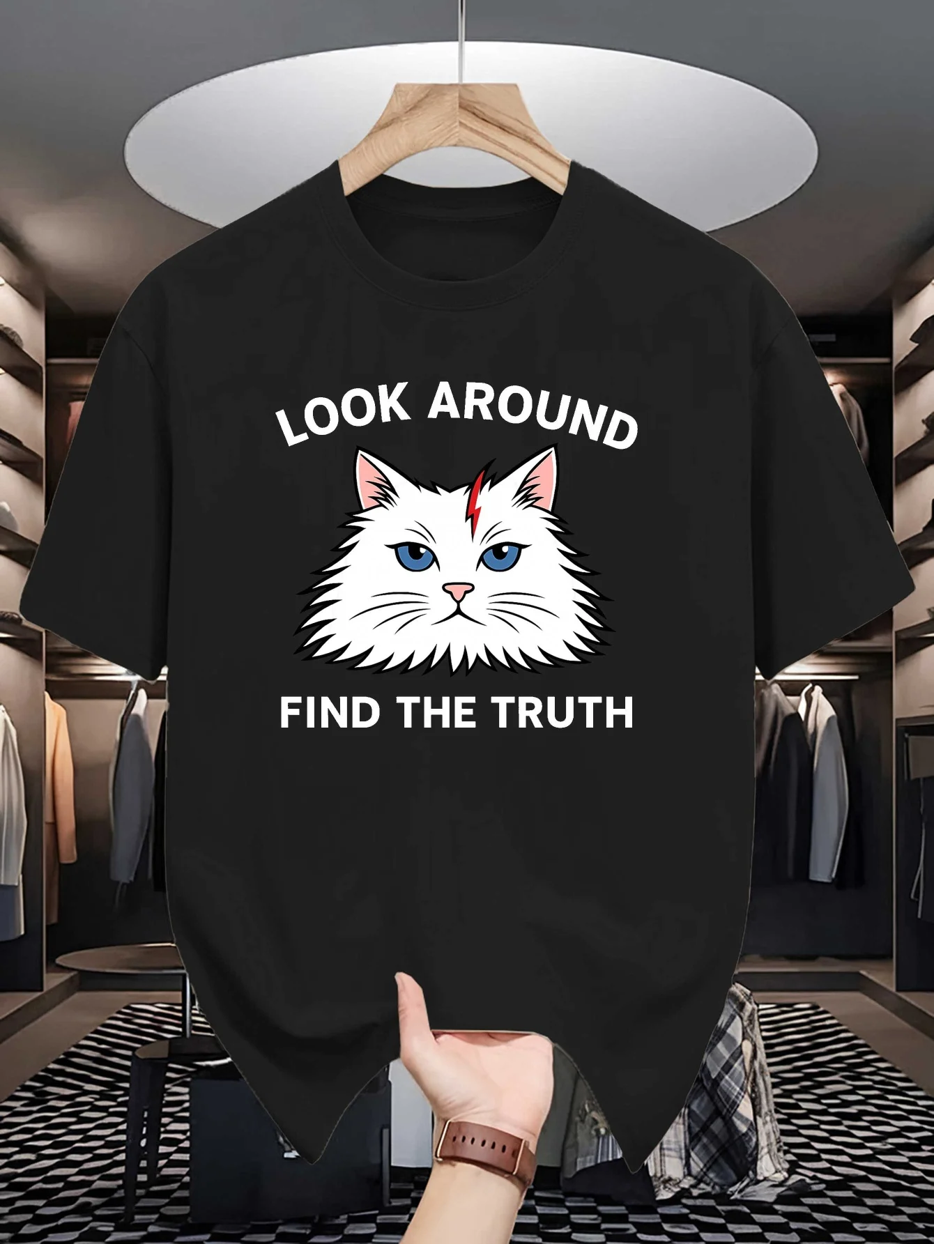 T-shirt à col rond pour hommes, Look Around Find The Truth, motif chat blanc moelleux, manches courtes, décontracté, en coton, pour amoureux des chats, streetwear
