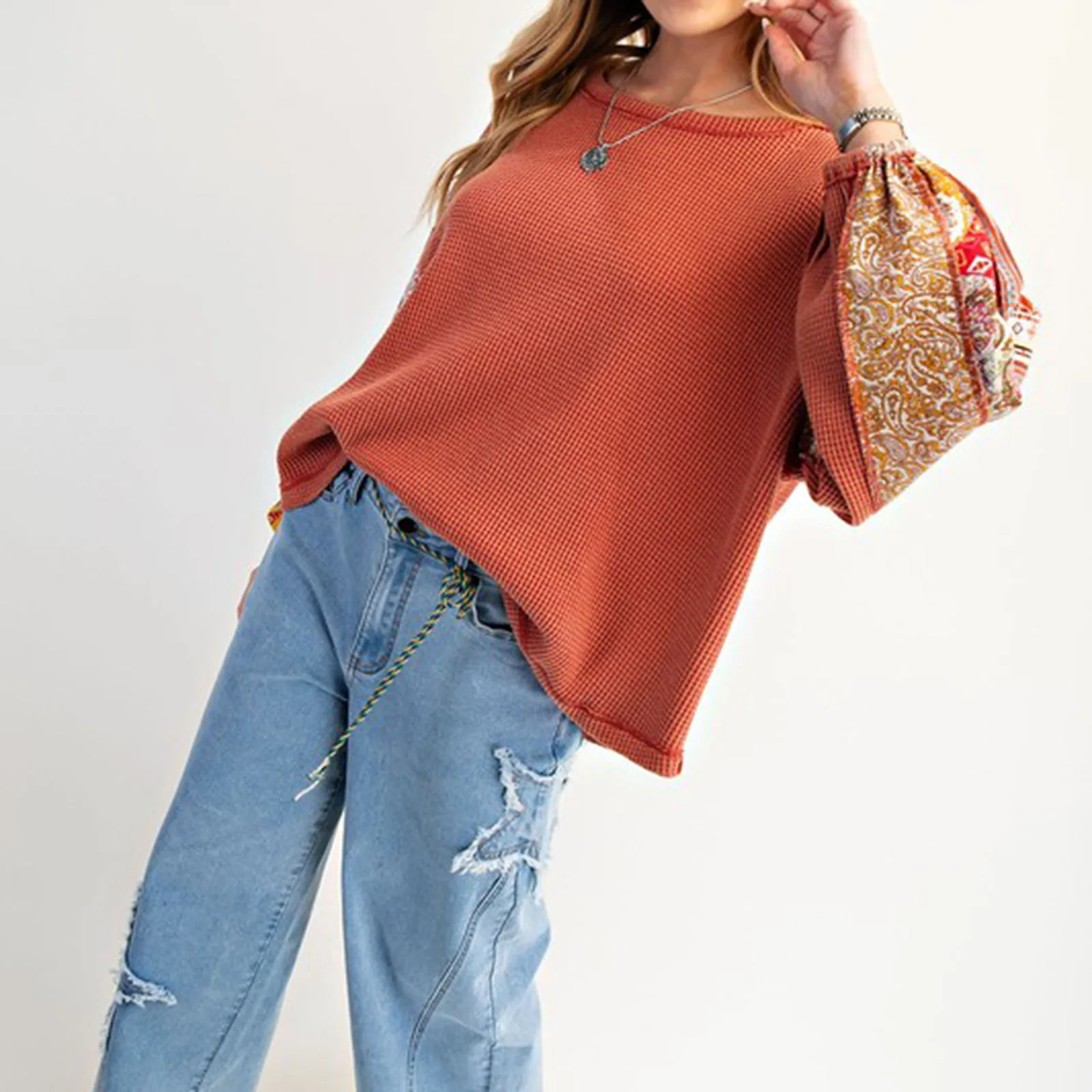 Women Sweatshirt, Long Sleeve Crew Neck Printed Patchwork Hoodie Pullover Casual Tops