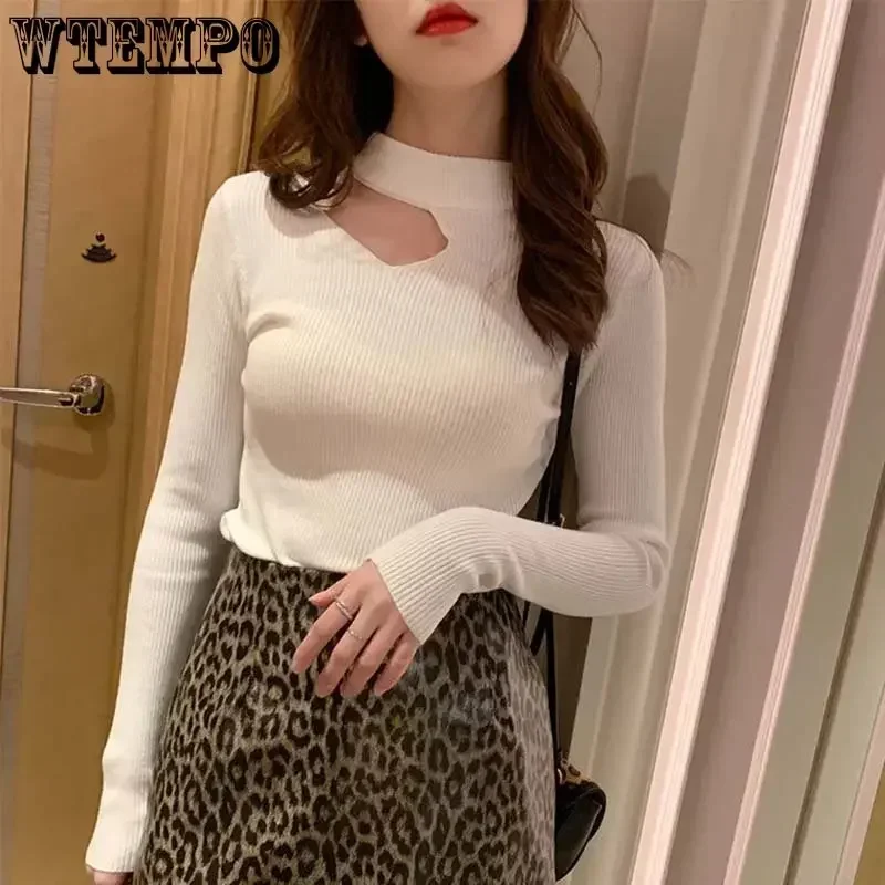 Half-high Collar Hollow-out Thin Sweater Slim Women Tight Knitted Pullover Long Sleeve Top Sexy Sweet Casual Bottoming Shirt