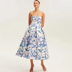 New sexy printed strapless back tied rope dress, women's floral party dress mid length