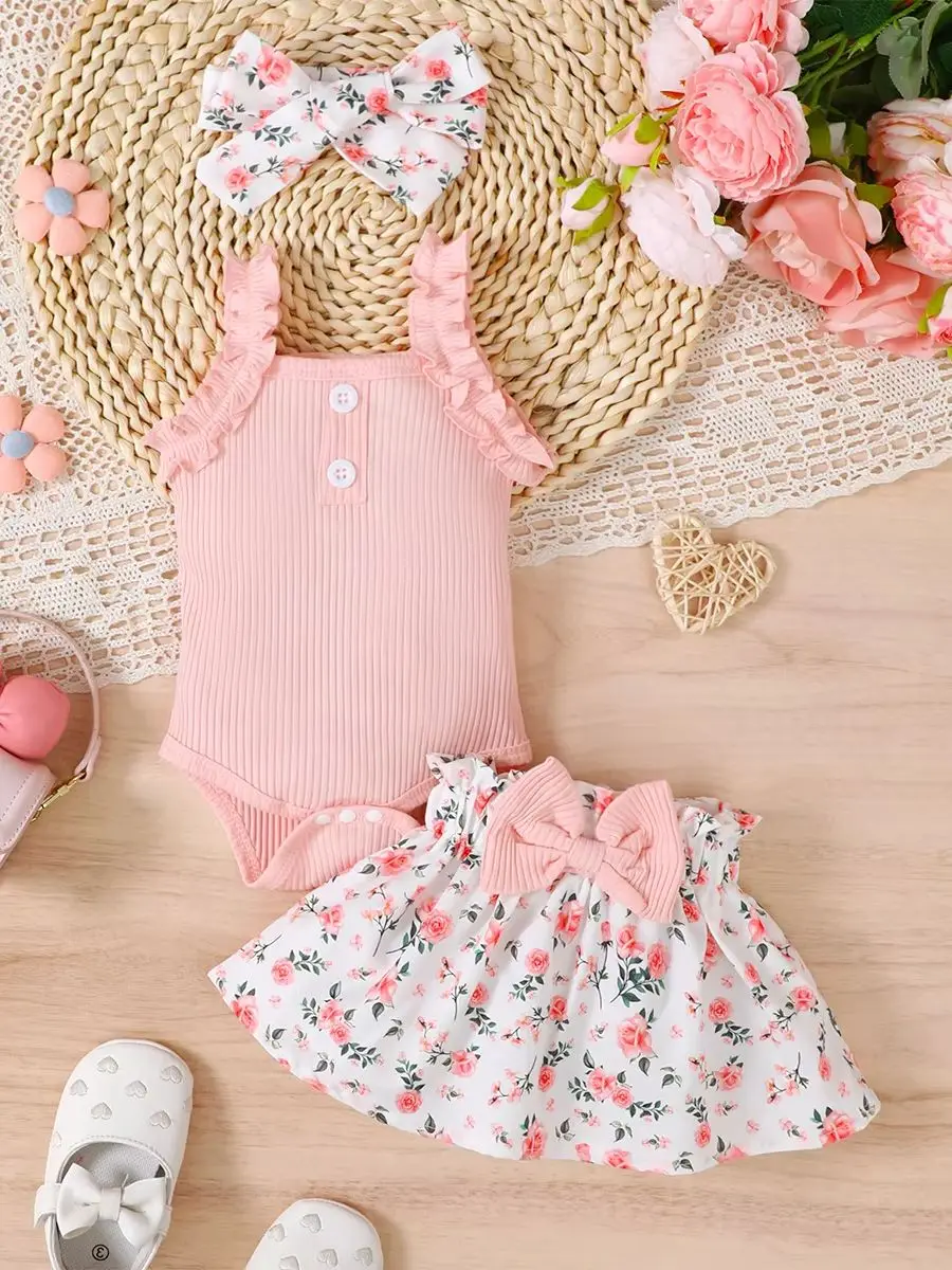 Baby Girls Summer Solid Pink Cami Top & White Woven Ruffled Bow Shorts