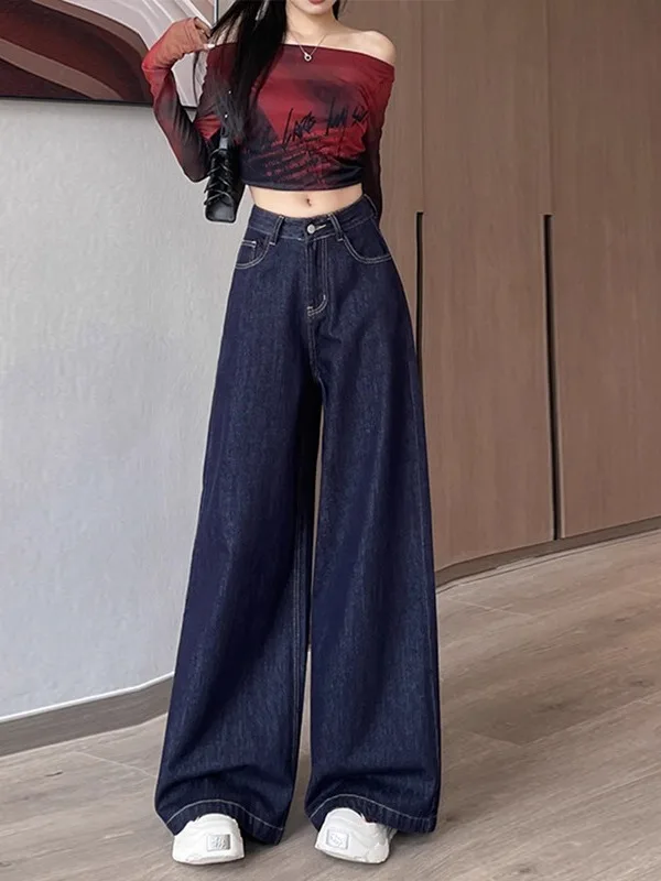 

High Waist Wide Leg American Style Jeans Women's Spring Autumn Loose Slimming Floor Length Pants for plus Size Women