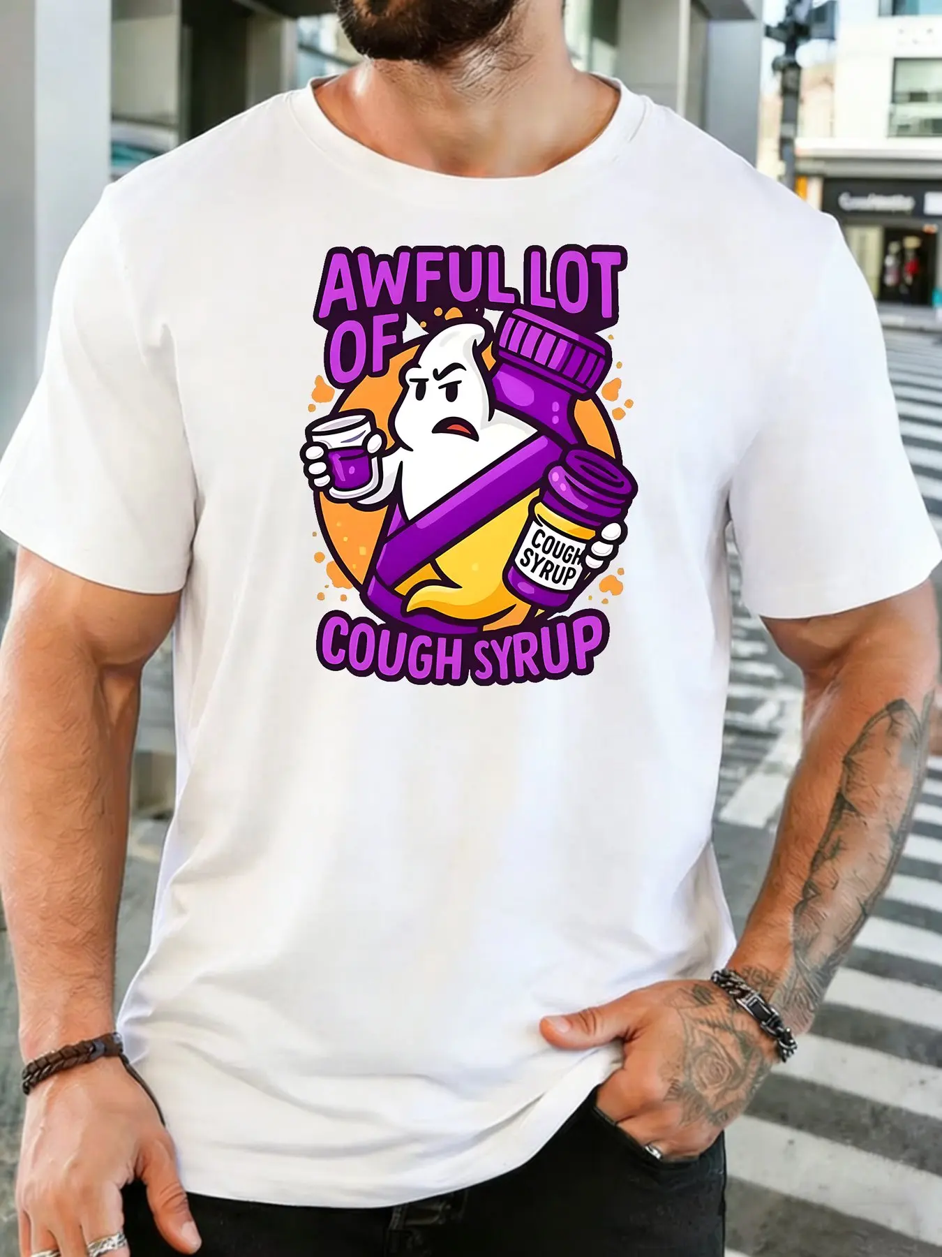 Men White Crew Neck Tee Mad Ghost Purple Cough Syrup Bottle Awful Lot Of Cough Syrup Cartoon Hip Hop Soft Cotton Casual Top