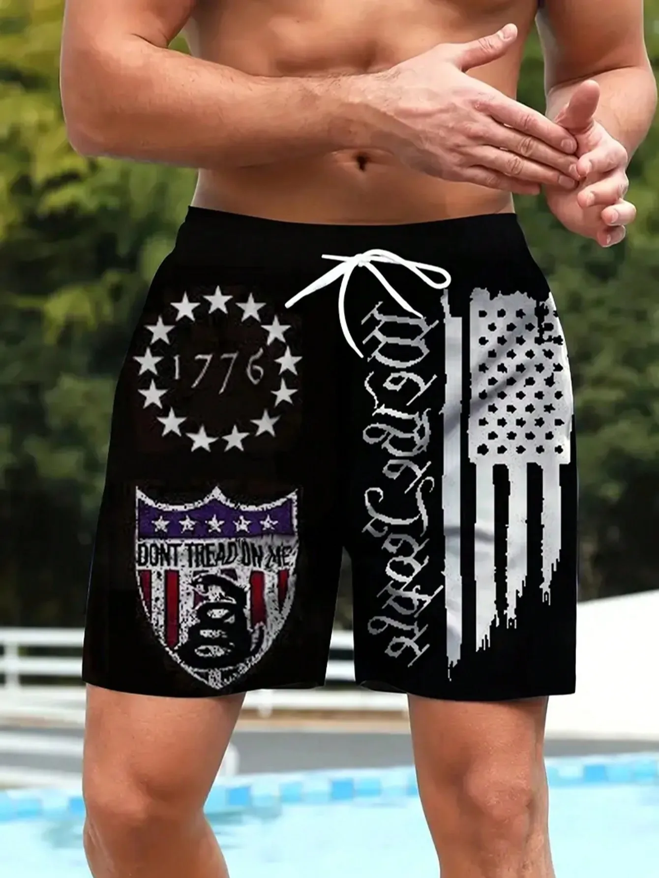 

Men's Hawaii Style Swim Trunks, Summer Holiday Beach Shorts, Outdoor Sports, Retro USA Flag Art 3D Digital Print, Drawstring Elastic Waistband, Single Layer, Unlined, Suitable For Casual Wear And Vacation
