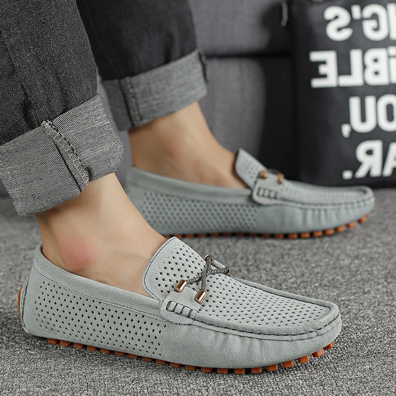 Men's 2026 British Style Small Leather Shoes, Plus‑Size Slip‑On Lazy Shoes, Lightweight Breathable Hollow‑Out Driving Loafers