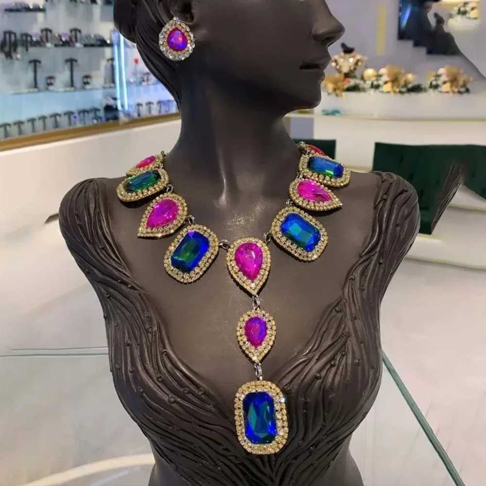 

Exaggerated Teardrop Necklace Earrings Set Rhinestone Bride Jewelry Sets for Women Choker Wedding Dress Fashion Crystal Party