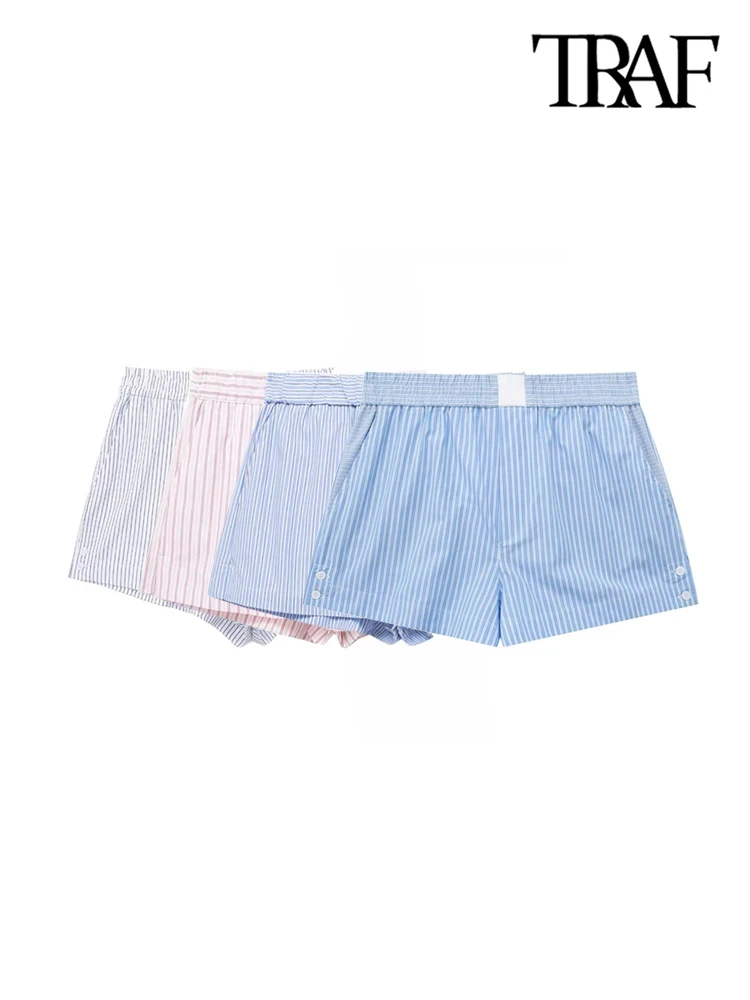 TRAF-Striped Patchwork Shorts for Women, Side Pockets, Vintage, Mid Elastic Waist, Split Hems, Female Short Pants, Chic Fashion