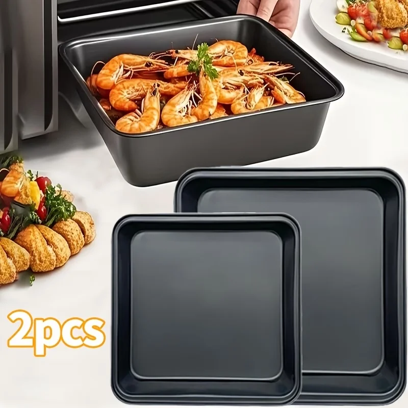 2Pcs/1Pc Square Carbon Steel Non-Stick Baking Pan, Cake Pan, Non-Stick Oven Tray, Cookie Pan - Suitable for Ovens, Air Fryers, Dishwashers, and Refrigerators, Can Be Used to Make Pizza, Fruit Salad, Grilled Fish and Meat, Bread Cakes, Honey Buns, Brownie Cakes, Multi-Purpose Baking Tray - Easy to Clean Surface - Kitchen Baking Tray Accessories | Mother's Day | Christmas