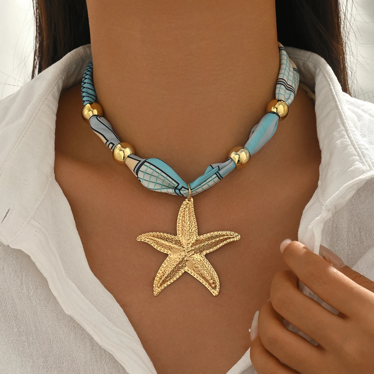 Starfish Pendant Scarf Choker Necklace Gold Tone Adjustable Bohemian Beach Jewelry for Women