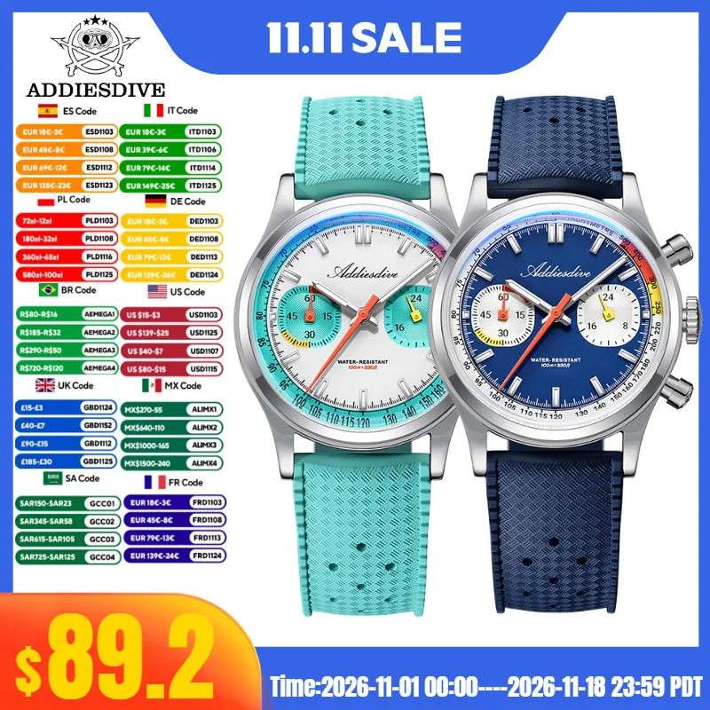 ADDIESDIVE Hot Sale 38mm Watch For Men FKM Strap 10Bar Waterproof AD2529 BGW9 Super Luminous VK64 Chronograph Quartz Watches